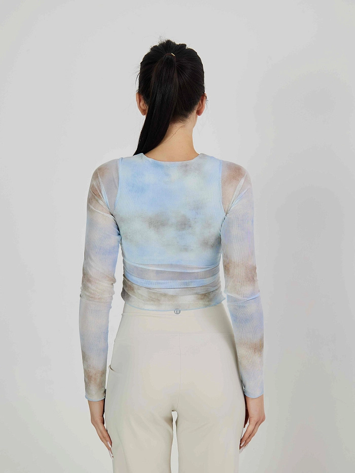 Лонгслив из сетки в технике tye-die с встроенным топом